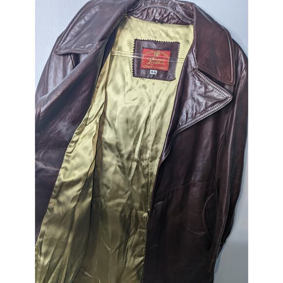 Vintage 70's Brown Leather Jacket Mid Length Trench Coat Men's 3 Button - Picture 7 of 9